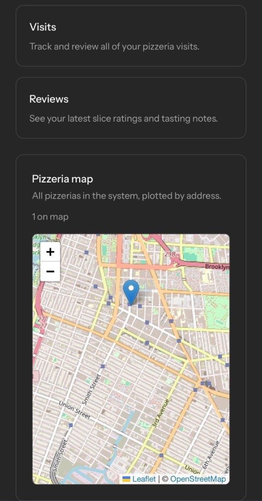 Piefold app showing visits, reviews, and a pizzeria map